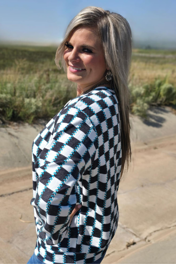 Checked In Turquoise Long Sleeved Top