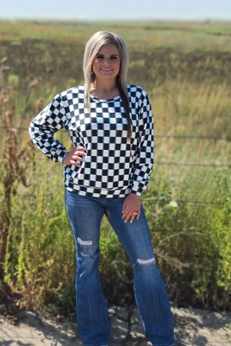 Checked In Turquoise Long Sleeved Top