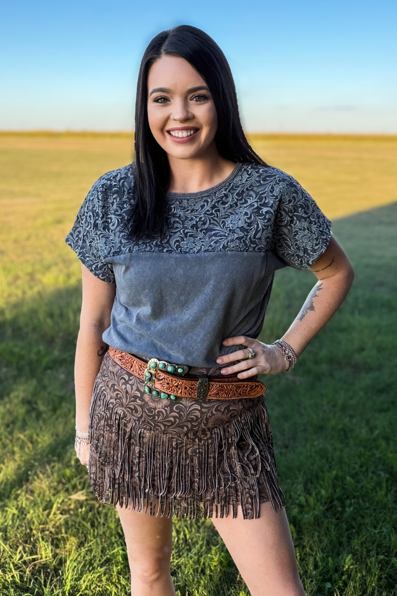 Out West Tooled Top - Denim Blue