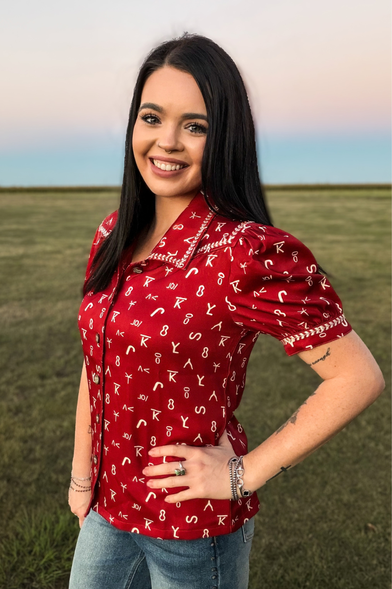 Branded In Red Button Up Top