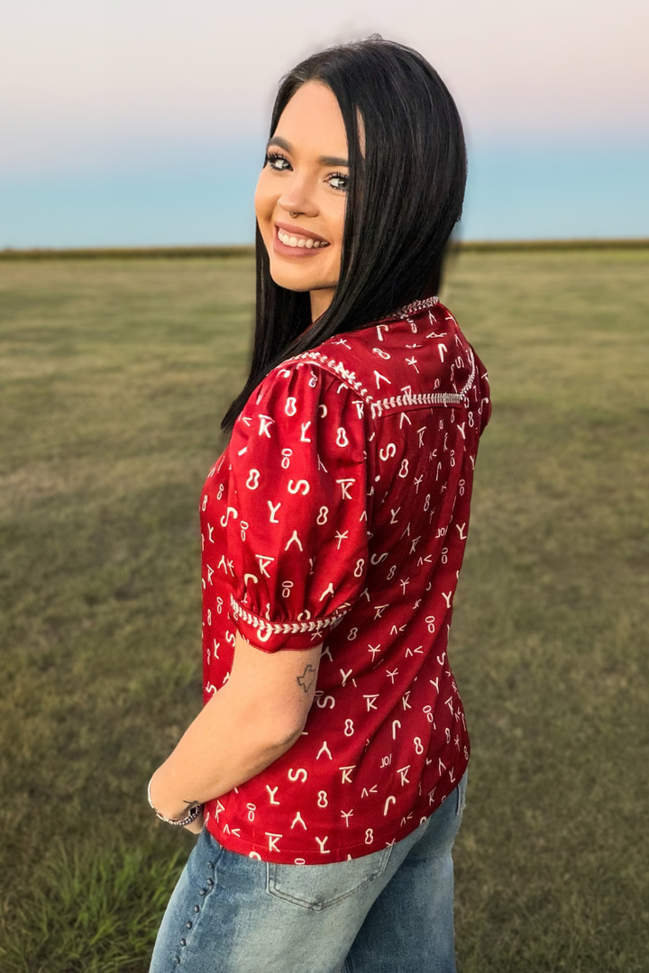 Branded In Red Button Up Top