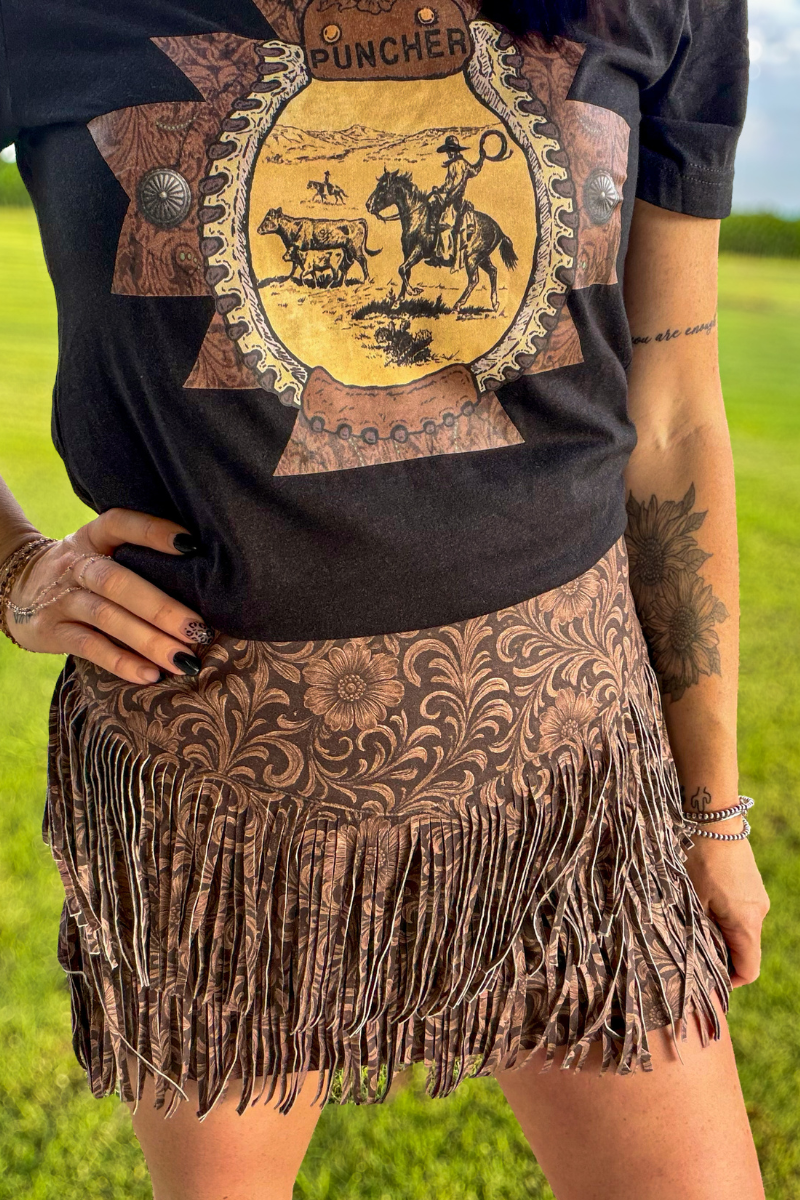 Fort Worth Fringe Skirt - Tooled Leather