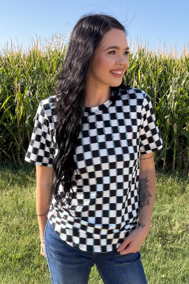 Checked In Turquoise Top