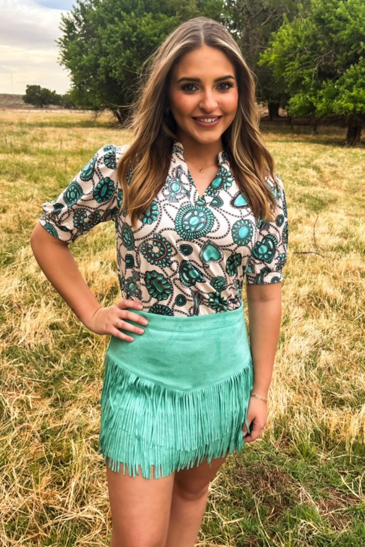 FORT WORTH FRINGE SKIRT TURQUOISE