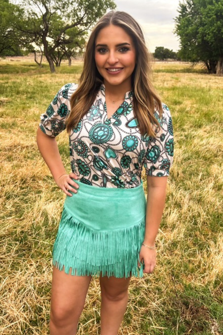 FORT WORTH FRINGE SKIRT TURQUOISE