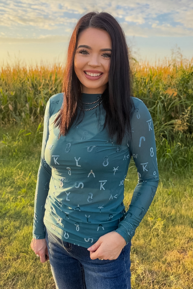 Branded Turquoise Velvet Mesh Top