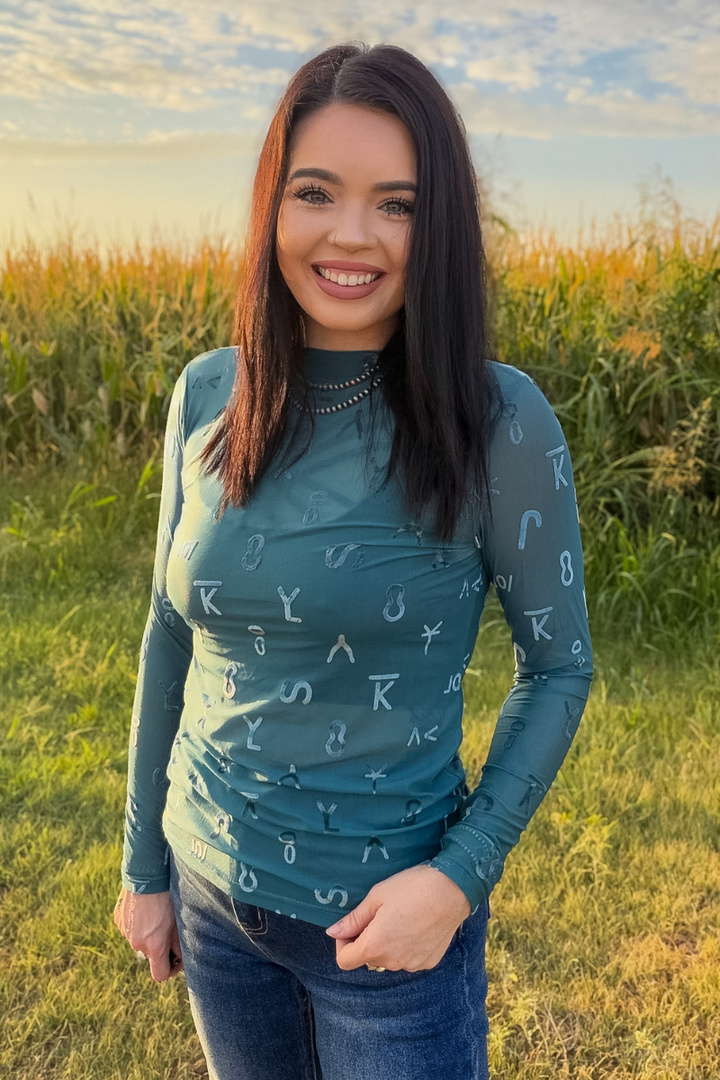 Branded Turquoise Velvet Mesh Top