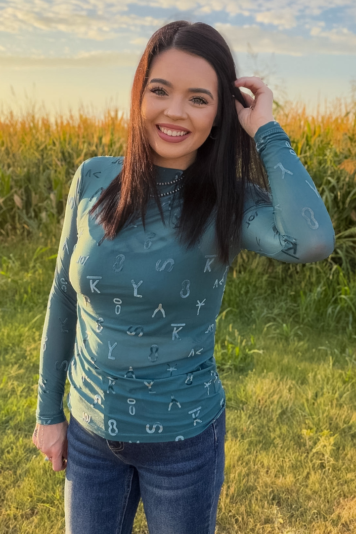 Branded Turquoise Velvet Mesh Top