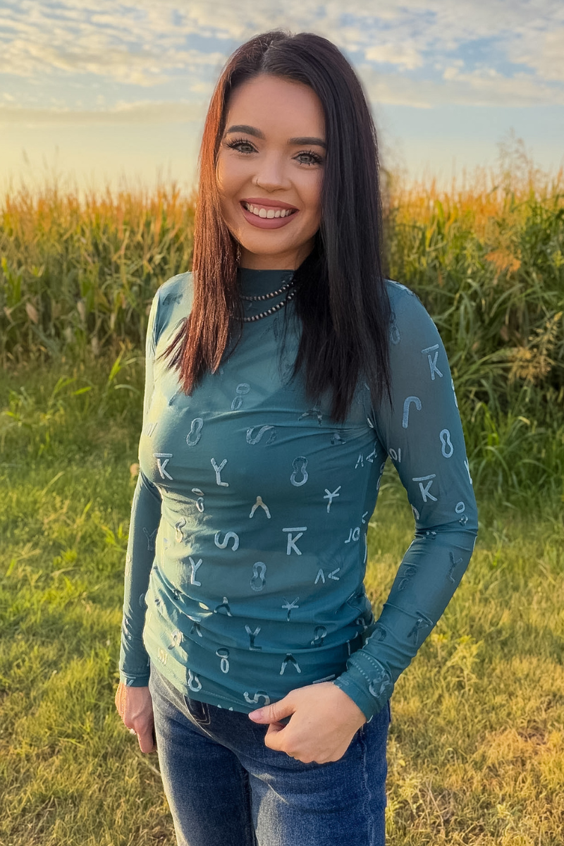 Branded Turquoise Velvet Mesh Top