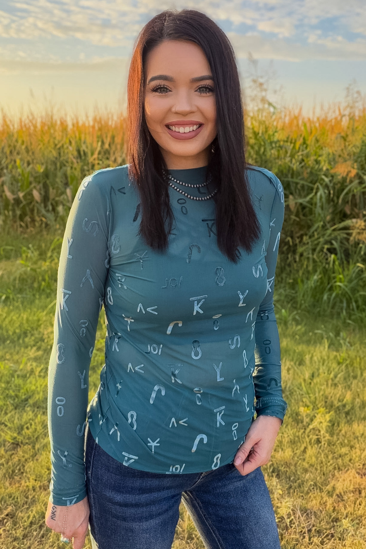 Branded Turquoise Velvet Mesh Top
