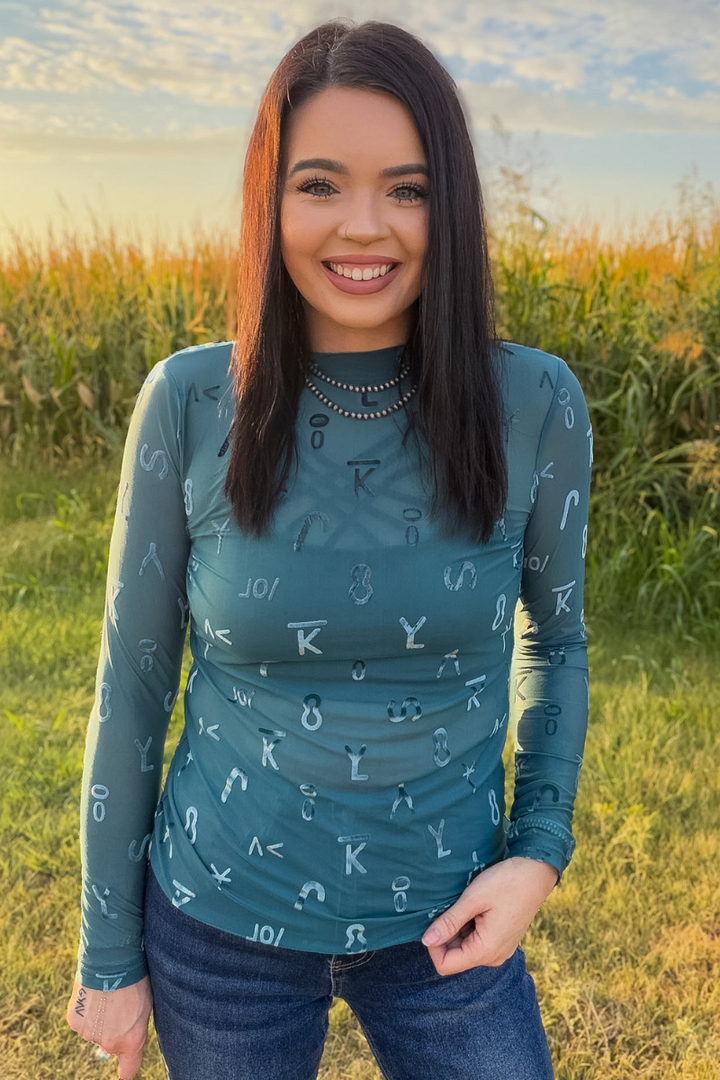 Branded Turquoise Velvet Mesh Top
