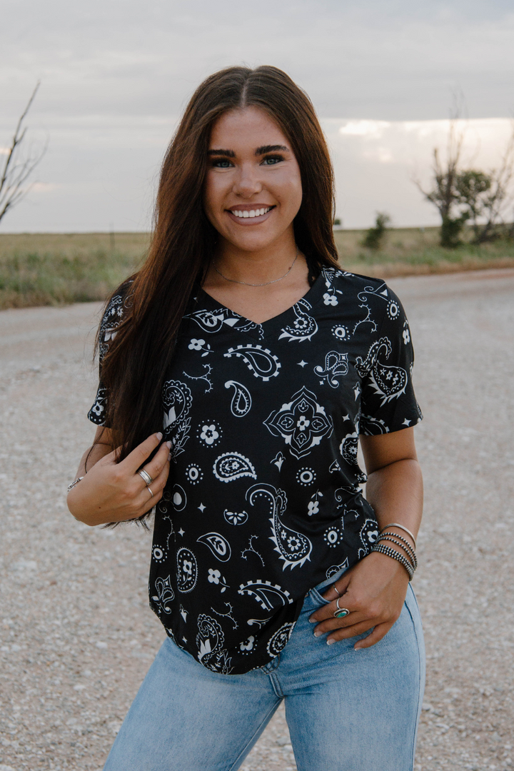 Black Bandana Babe V Neck Top