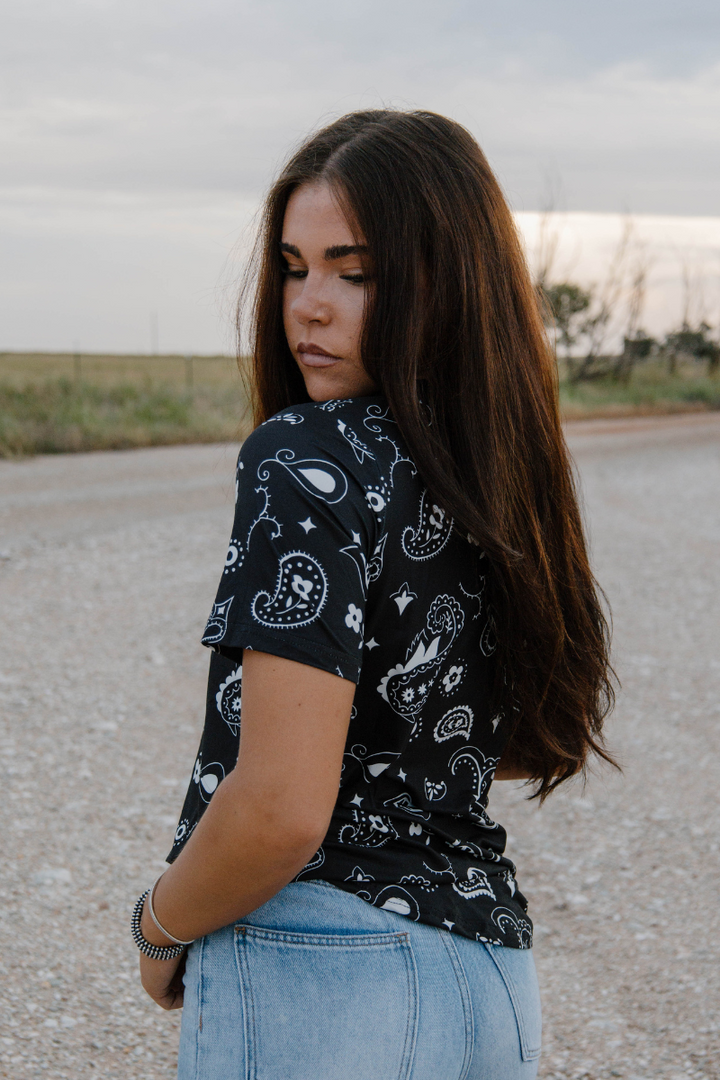 Black Bandana Babe V Neck Top