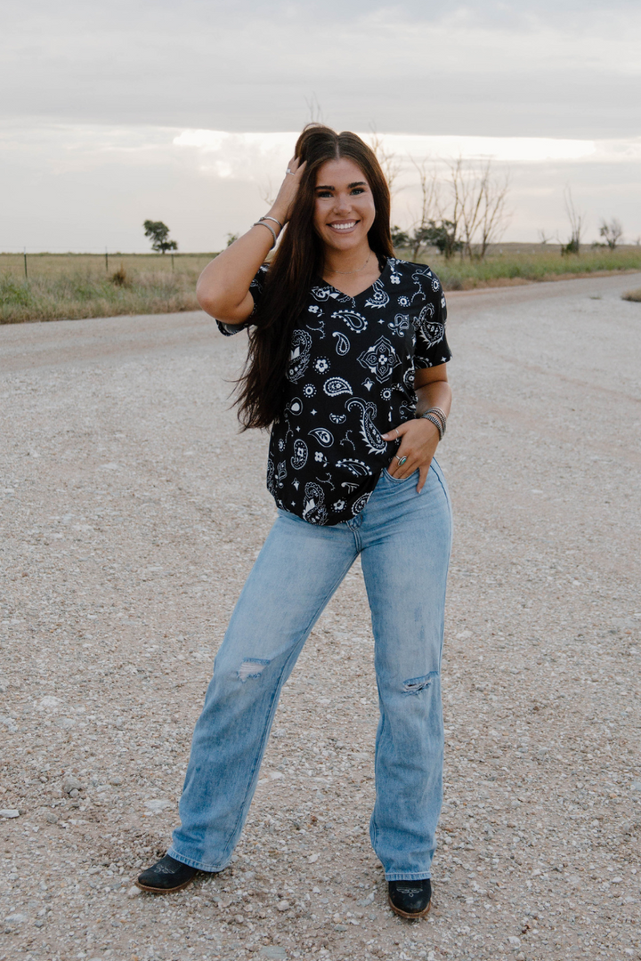 Black Bandana Babe V Neck Top