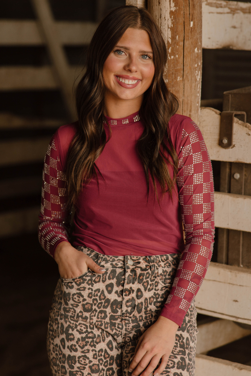 Checked In Maroon Mesh Top