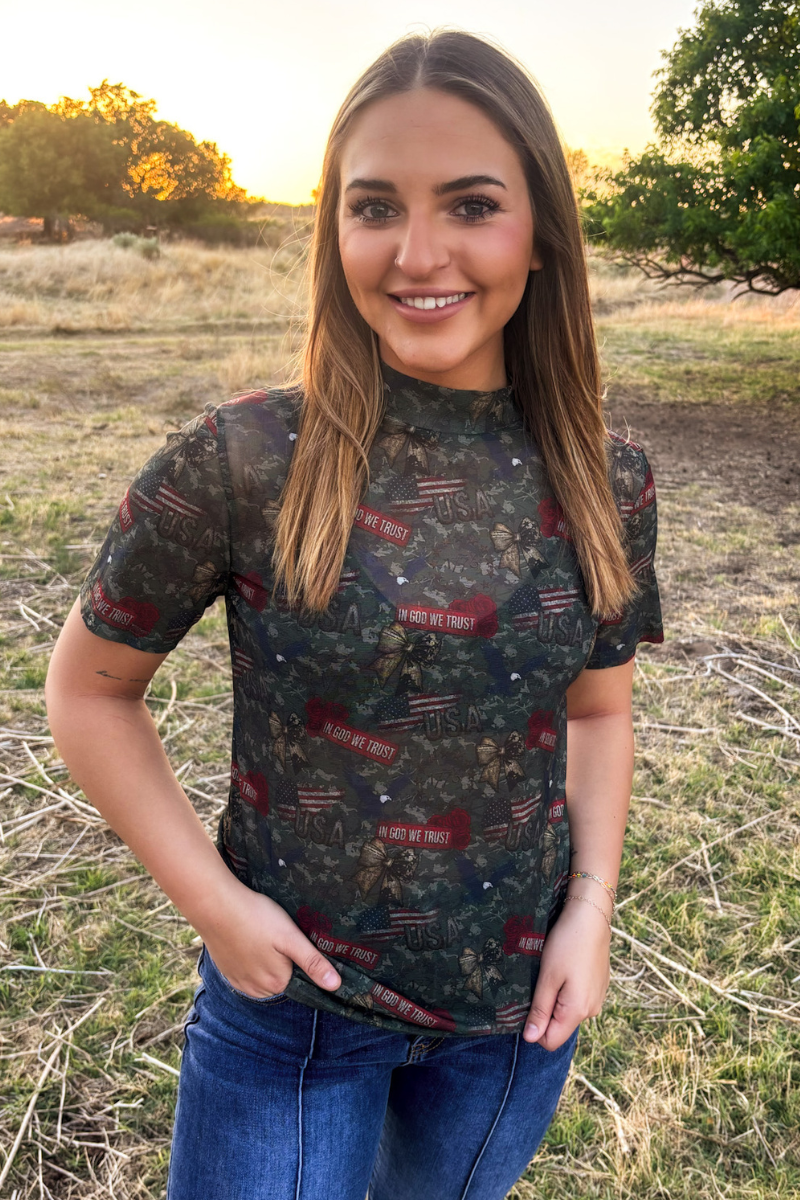 In God We Trust Short Sleeve Mesh Top