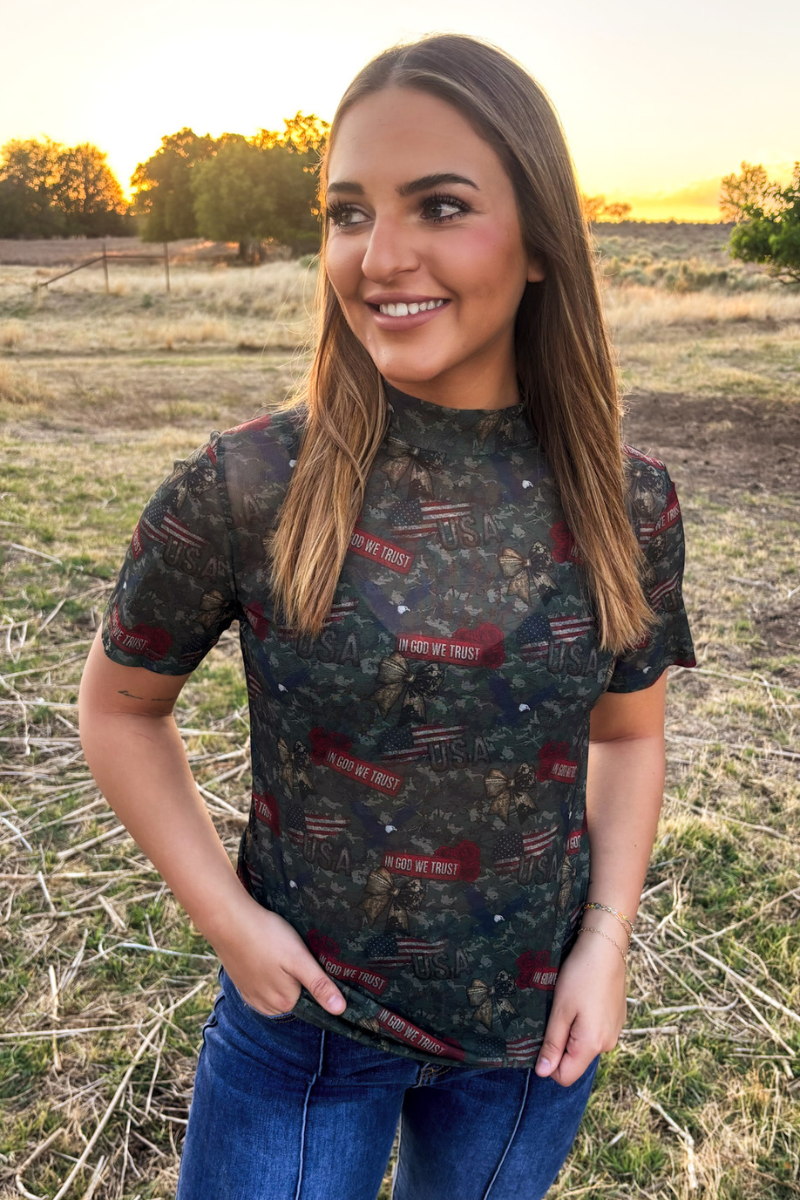 In God We Trust Short Sleeve Mesh Top