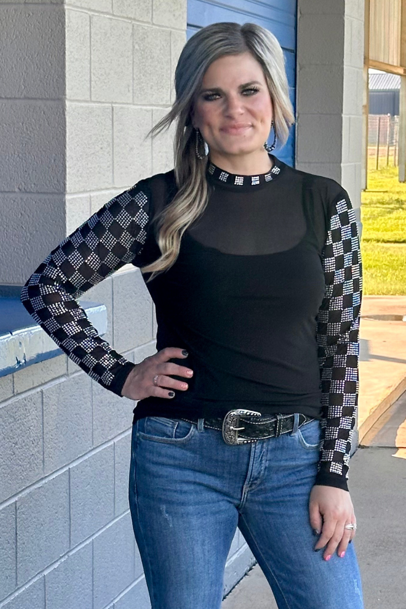 Checked In Black Mesh Top