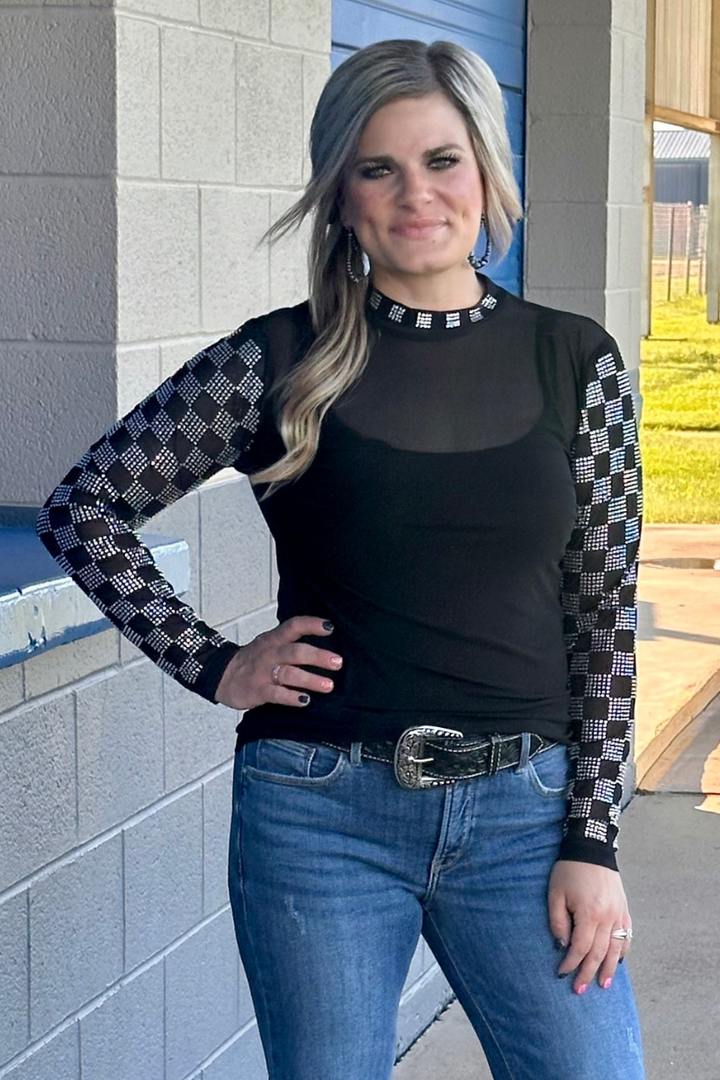 Checked In Black Mesh Top