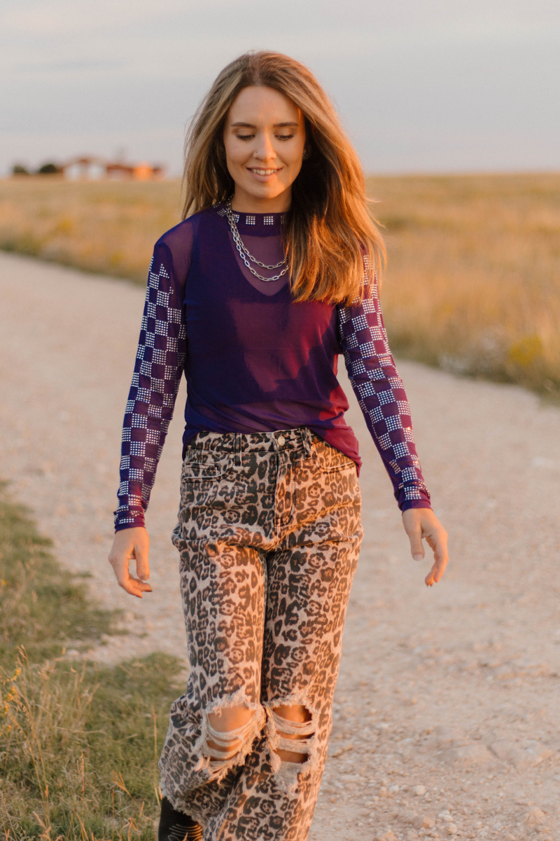 Checked In Purple Mesh Top