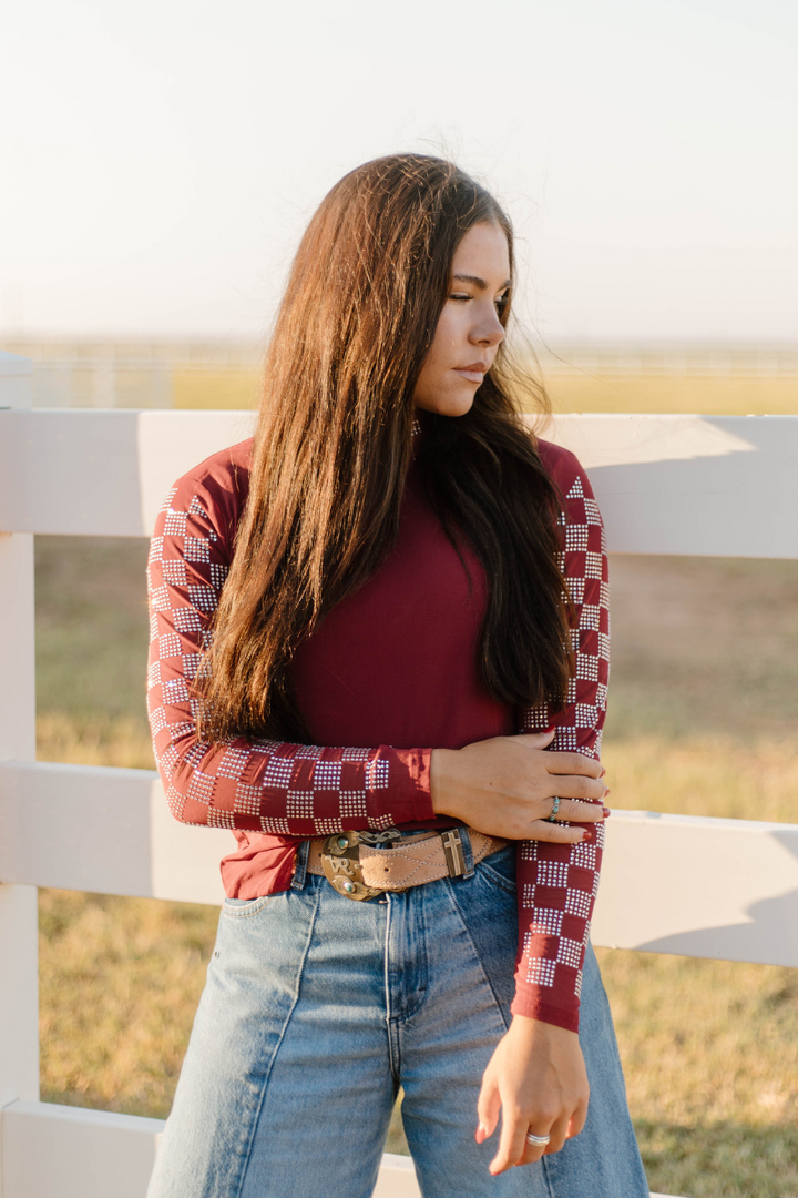 Checked In Maroon Mesh Top