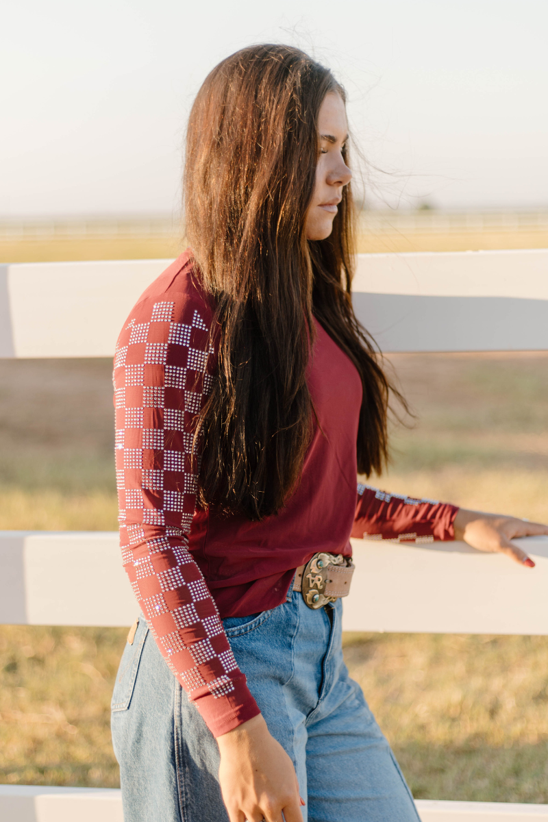 Checked In Maroon Mesh Top