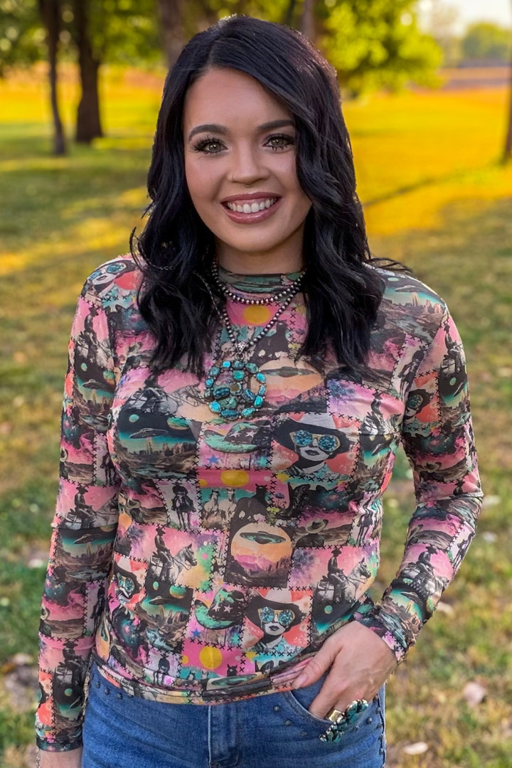 Cosmic Cowgirl Long Sleeve Mesh Top