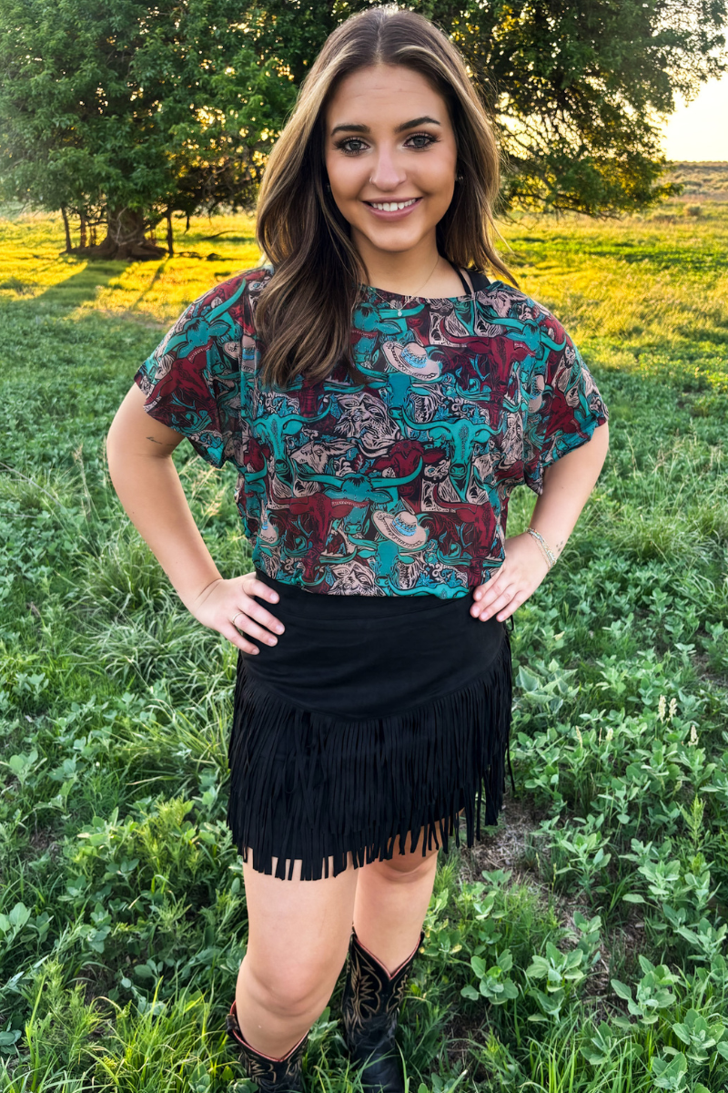 Stockyards and Longhorns Mesh Top