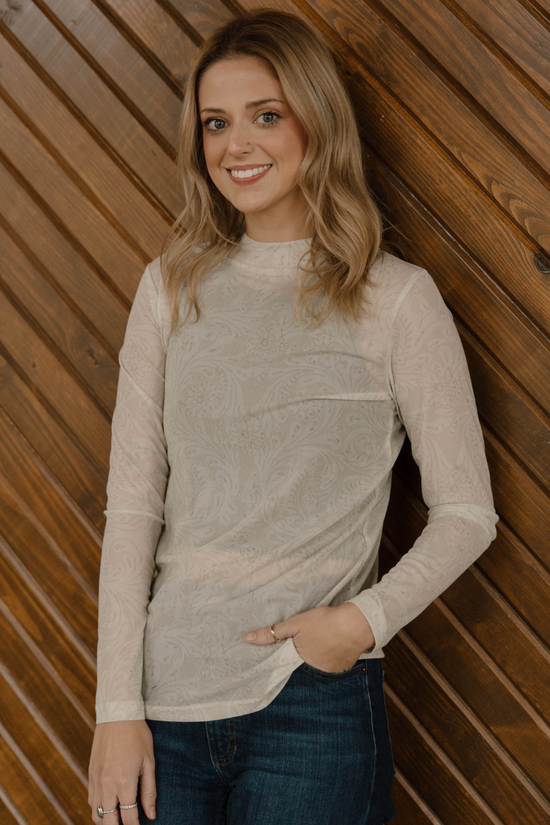 Tooled in Ivory Mesh Top