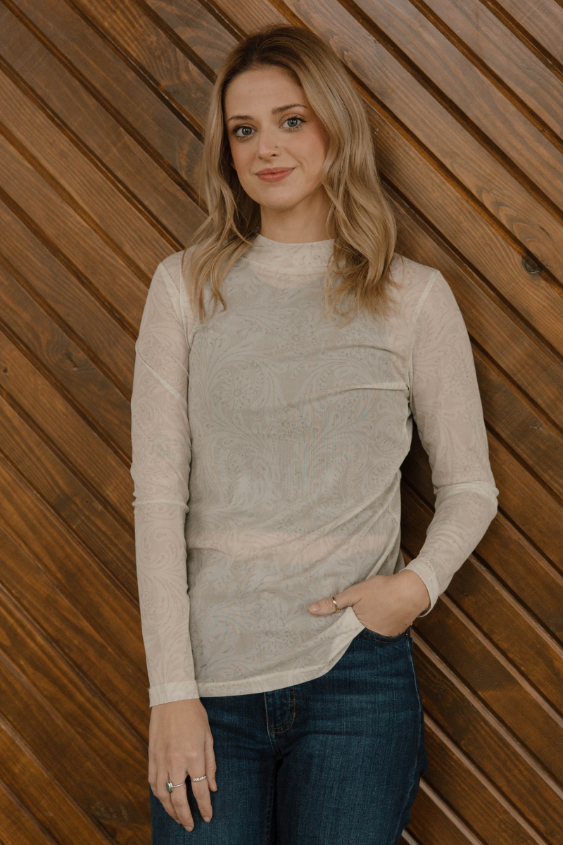 Tooled in Ivory Mesh Top
