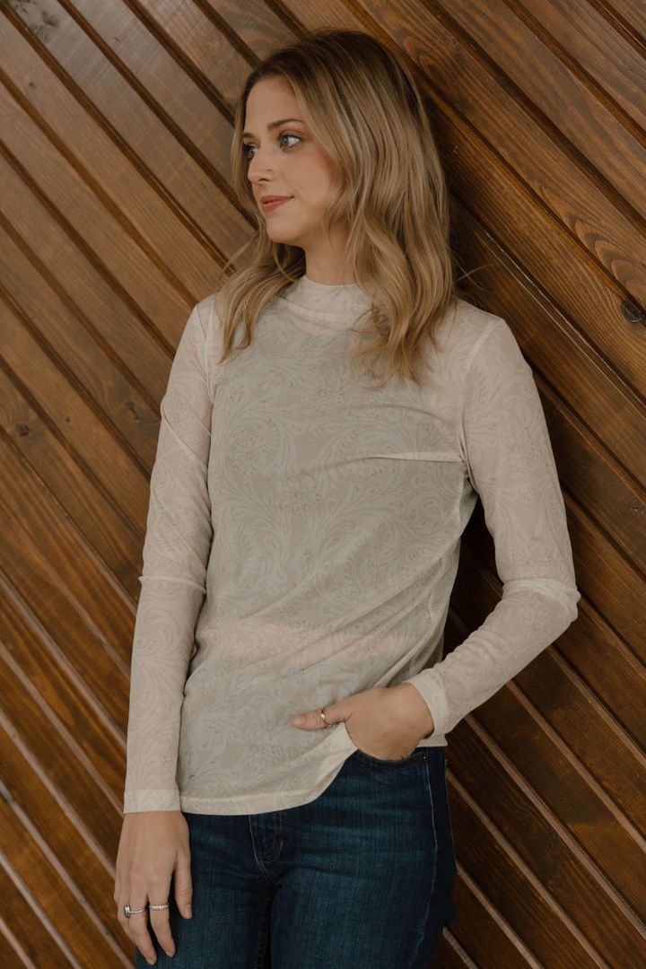 Tooled in Ivory Mesh Top