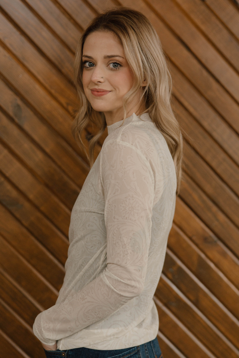 Tooled in Ivory Mesh Top