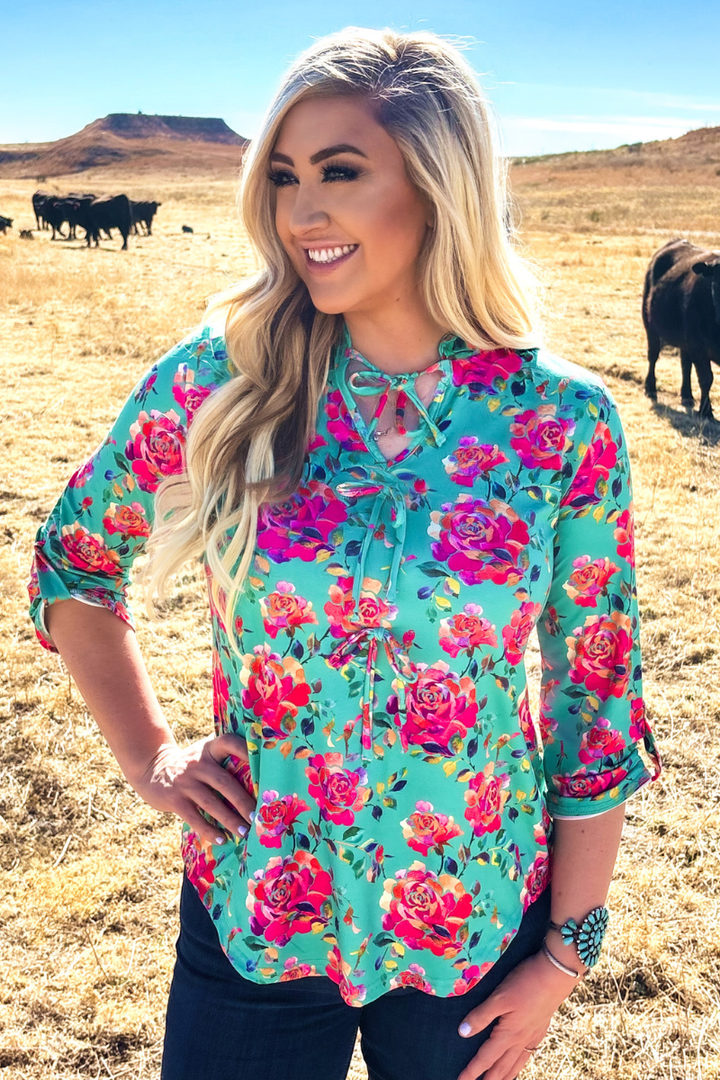 Turquoise Rosewater Bow Top
