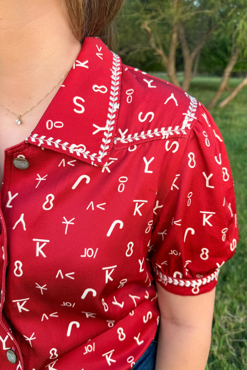 Branded In Red Button Up Top