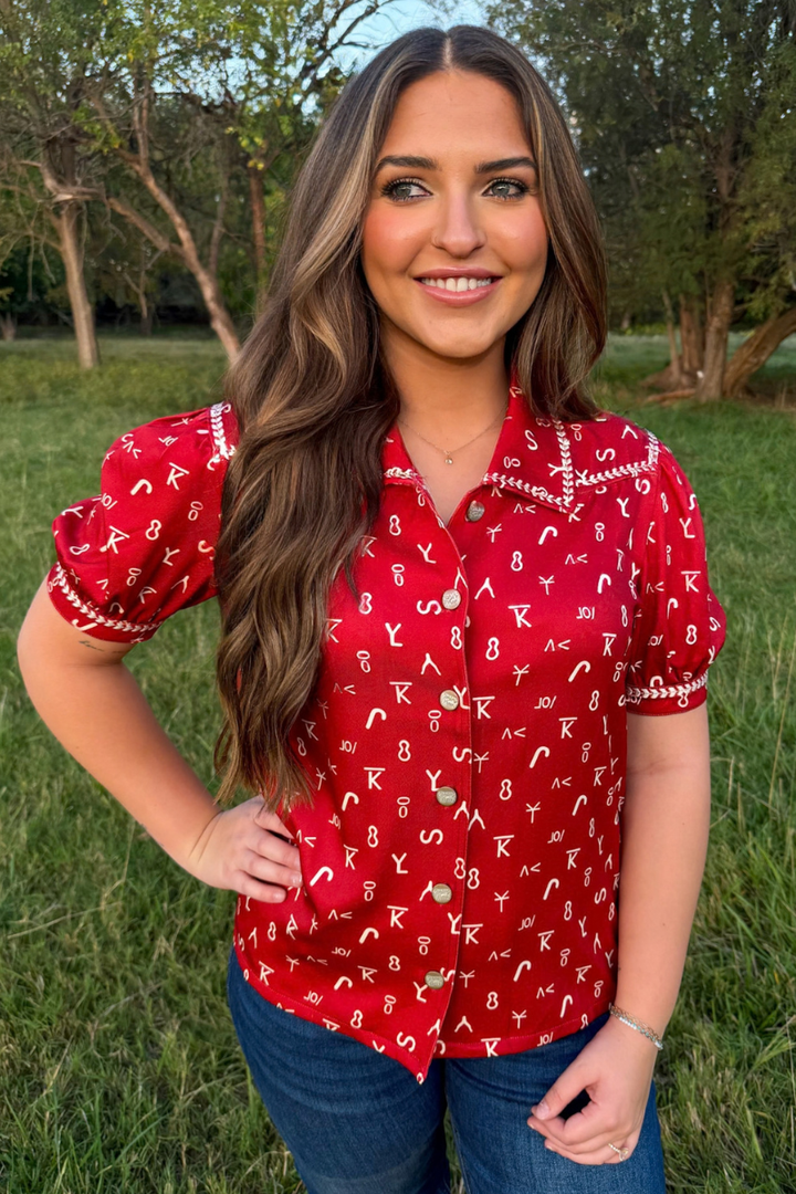 Branded In Red Button Up Top