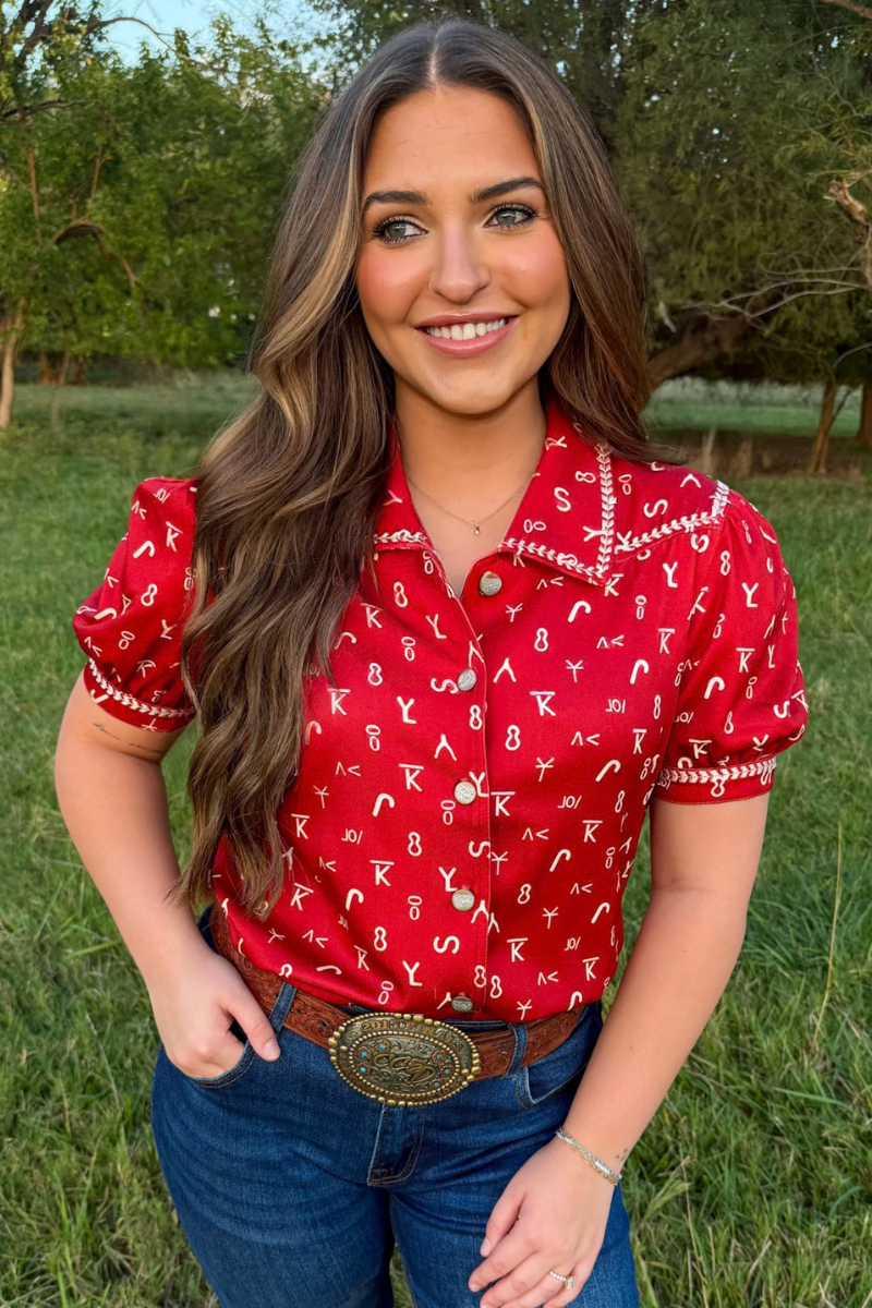 Branded In Red Button Up Top