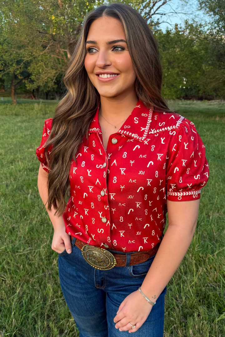Branded In Red Button Up Top