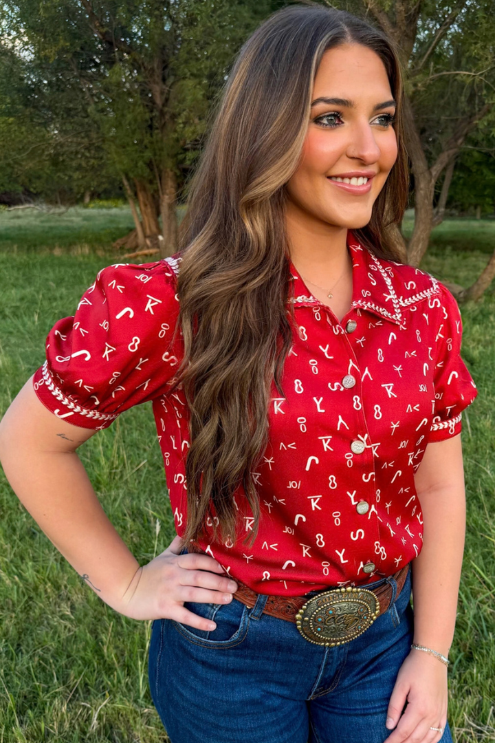 Branded In Red Button Up Top