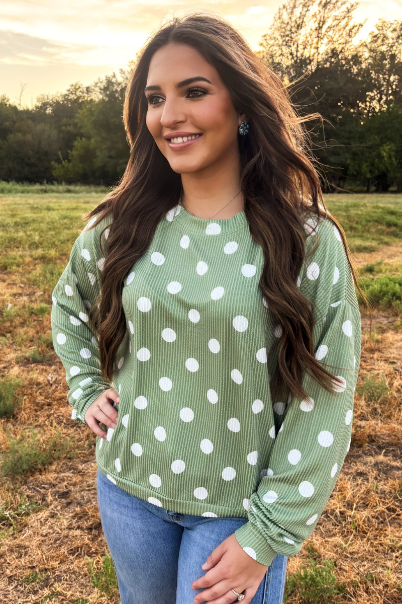 Dotty Darling Sweater Top - Sage Green