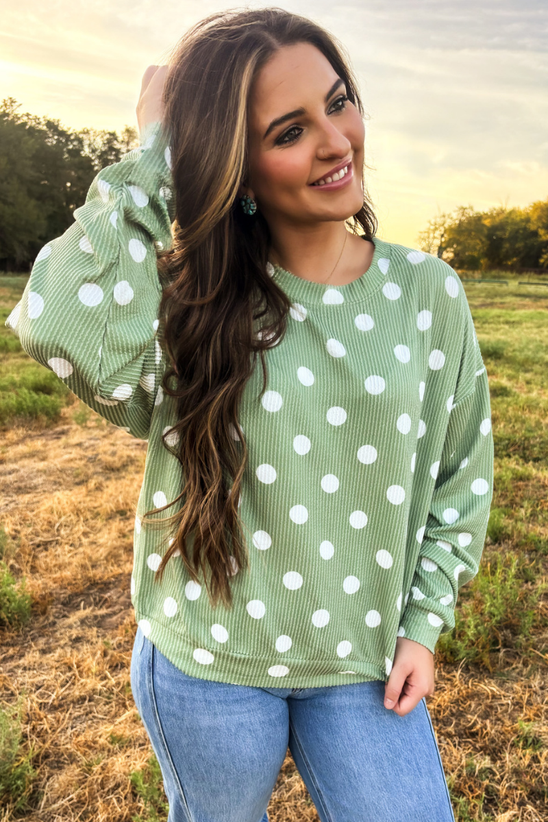 Dotty Darling Sweater Top - Sage Green