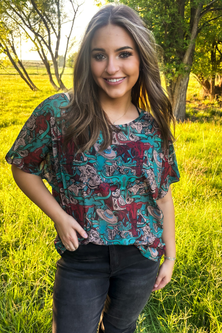 Stockyards and Longhorns Mesh Top