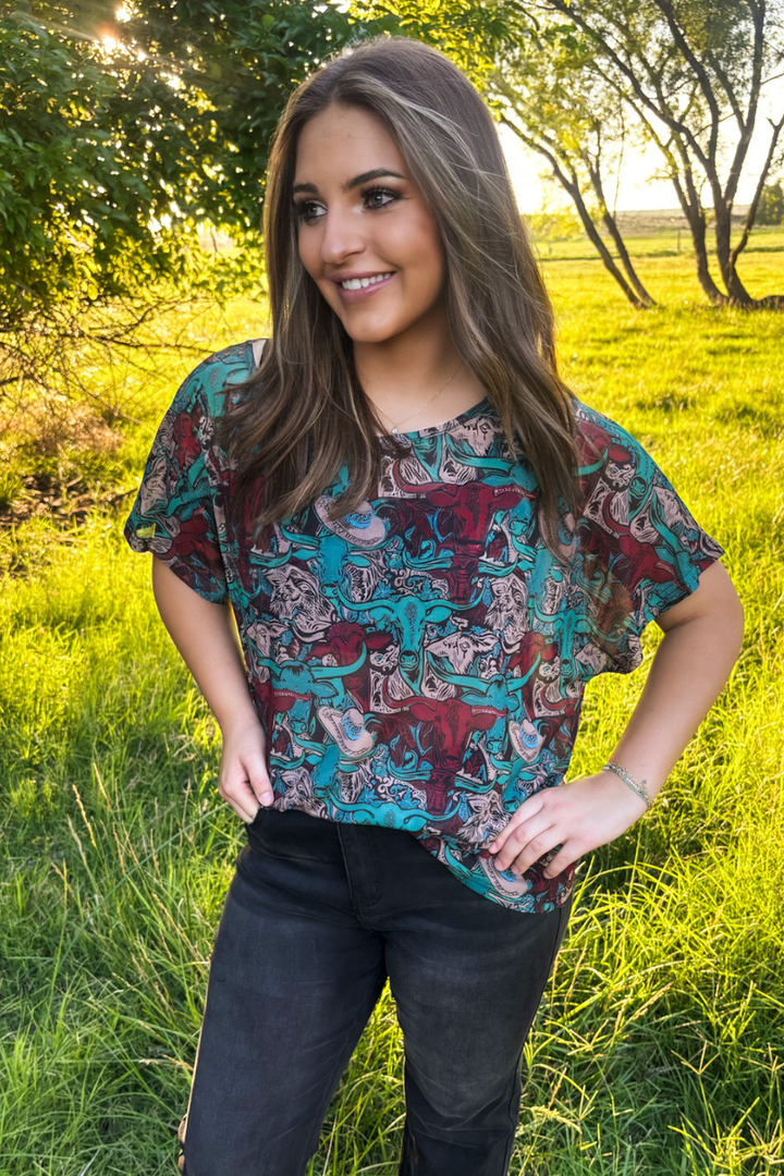 Stockyards and Longhorns Mesh Top