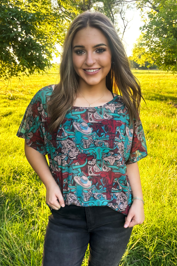 Stockyards and Longhorns Mesh Top