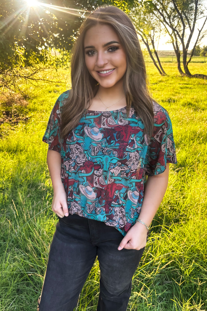 Stockyards and Longhorns Mesh Top