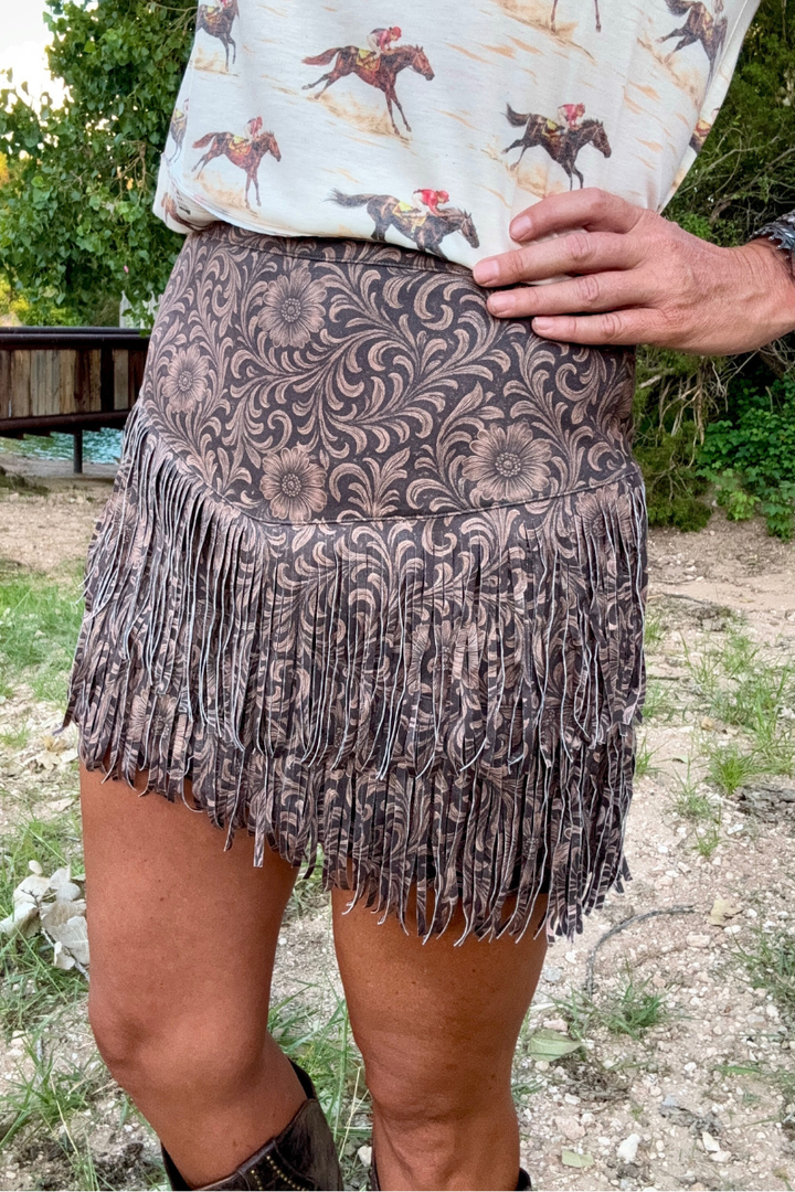 Fort Worth Fringe Skirt - Tooled Leather