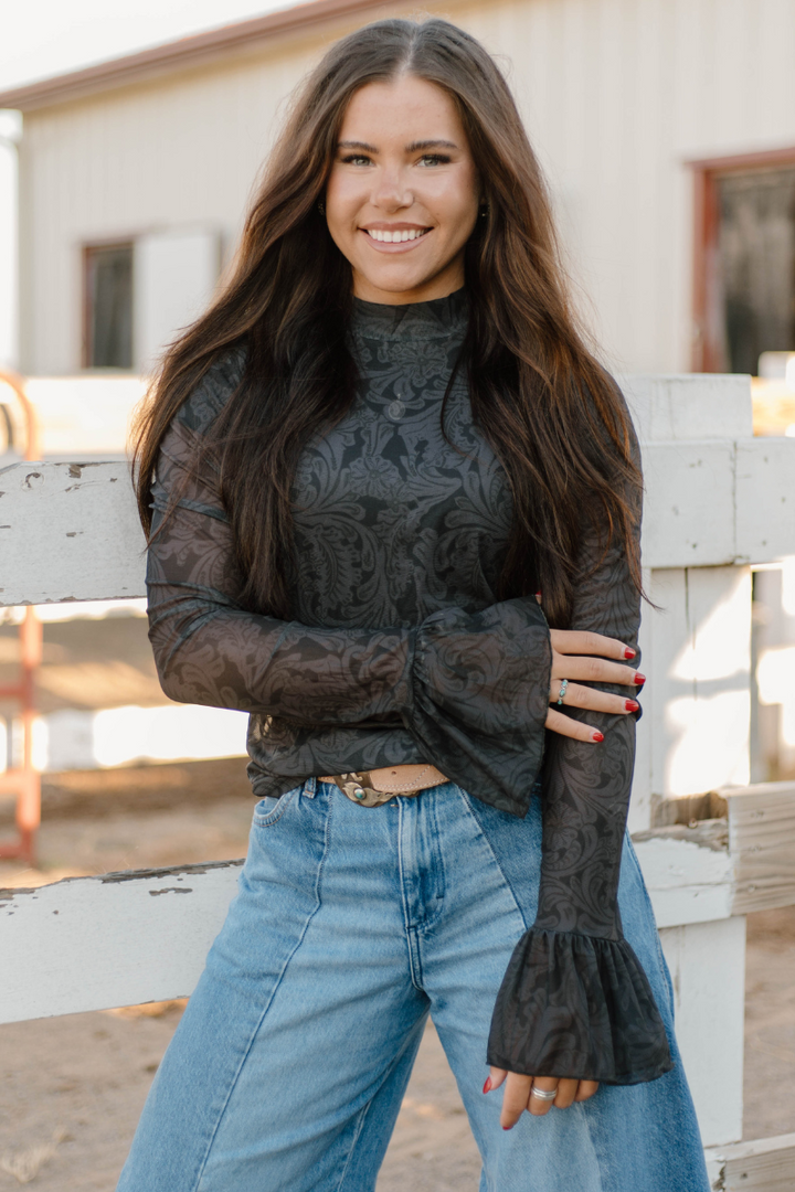 Tooled In Black Mesh Top
