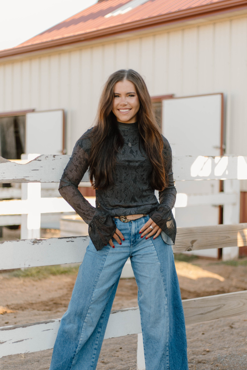 Tooled In Black Mesh Top