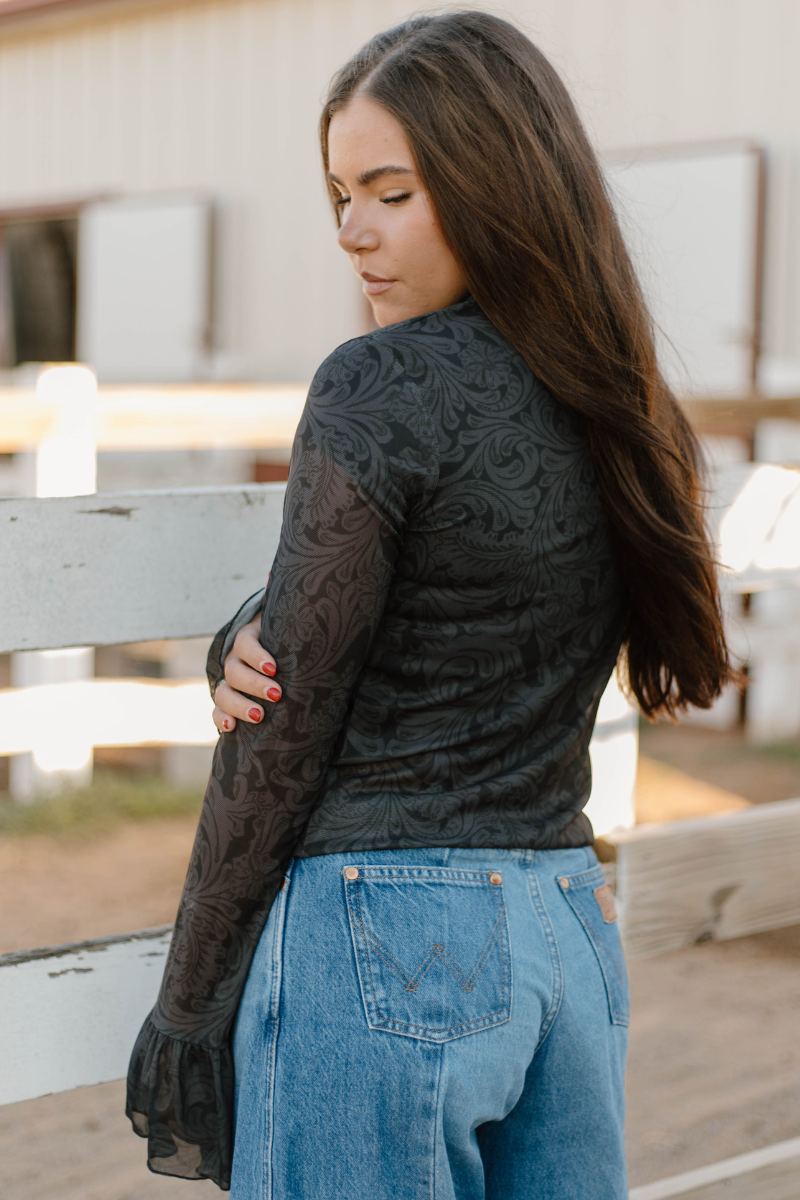 Tooled In Black Mesh Top