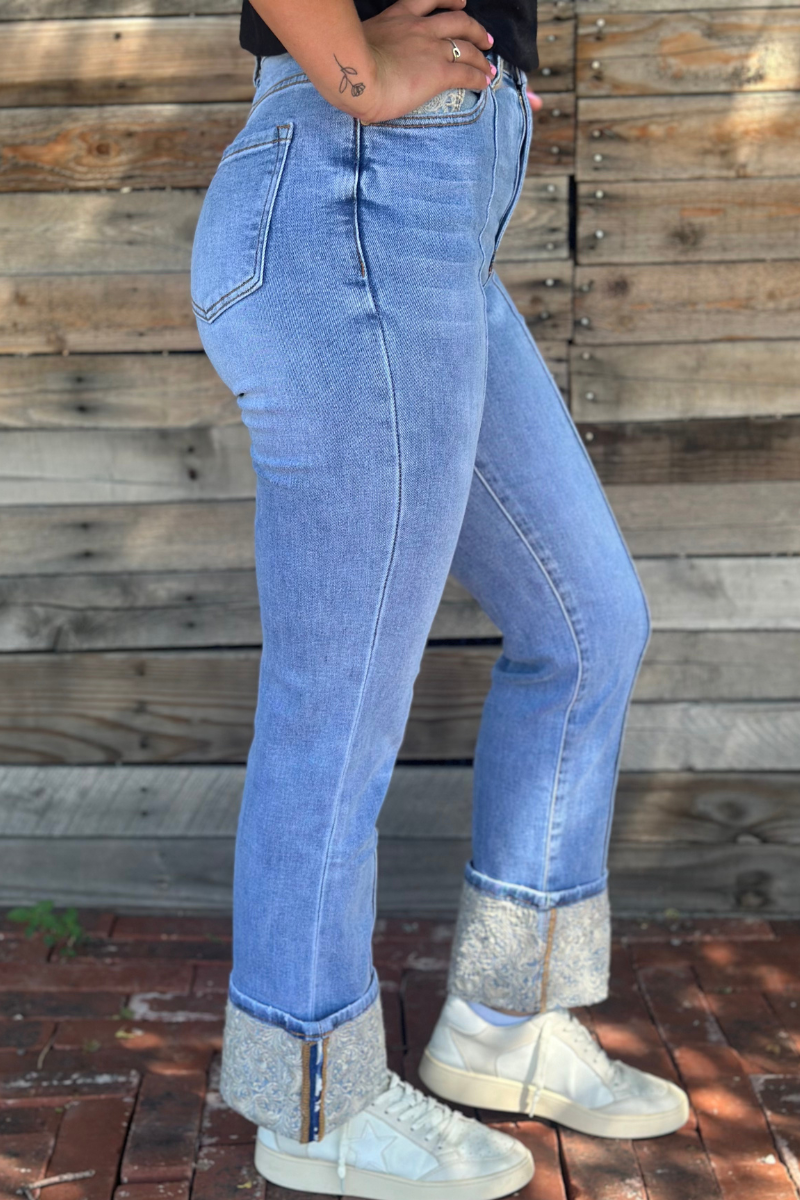 Kreek Embroidered Cuffed Jeans