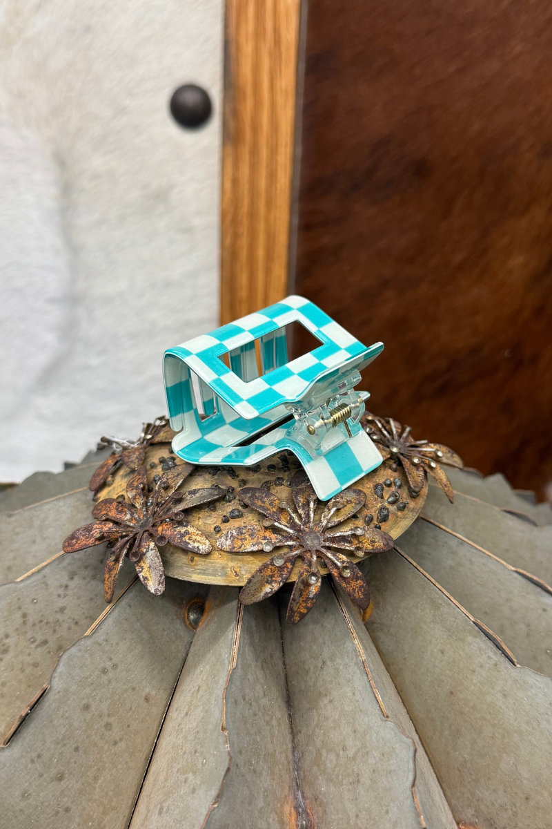Mini Checked Funky Turquoise Clip